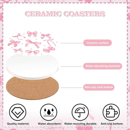FYSUIMU 4Pcs Pink Bow Coasters Cute Coquette Bowknots Ceramic Drink Coasters Absorbent Bow Cherries Cup Mat for Mother's Day Valentines Baby Shower Birthday Home Kitchen Office Party Table Decor