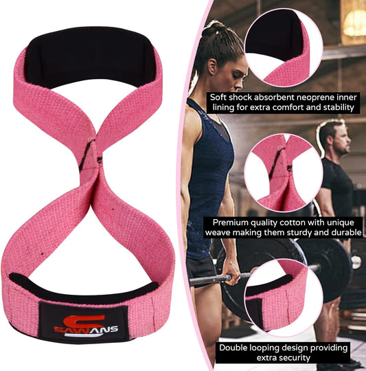 SAWANS Lifting Straps Padded Grip Figure 8 Wrist Straps Weight Heavy Duty Double Loop Bodybuilding Training Gym Straps Hand Bar Non Slip Deadlift Support Strong Cuffs Powerlifting
