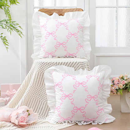 Fanfanwin Pink Bow Pillow Covers Set of 2 Christmas Ruffle Pillow Cases Coquette Pillowcase Sham Covers Cute Preppy Bow Pillows Decorative Girly Apartment Bedroom Room Decor 18 x 18''