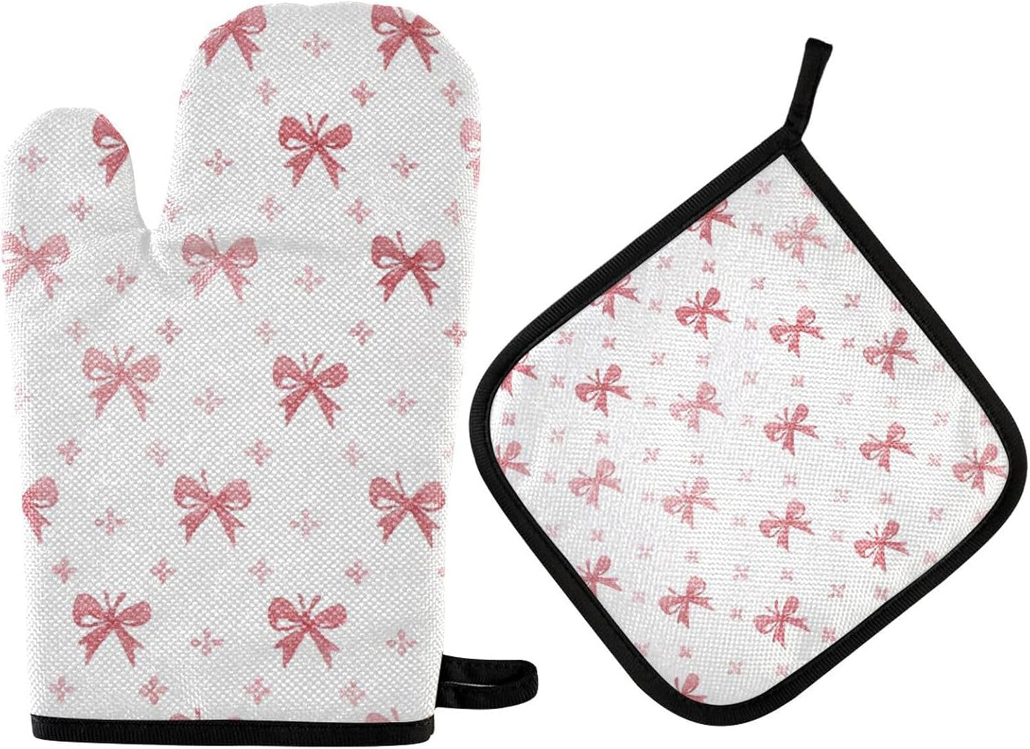 Light Pink Pastel Bows Oven Mitts and Pot Holders Set for Cooking Baking Kitchen Decor