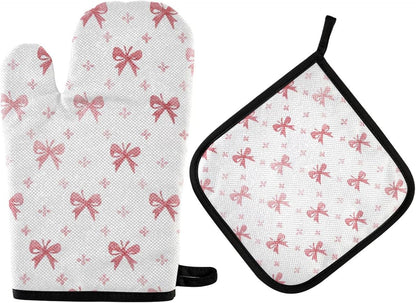 Light Pink Pastel Bows Oven Mitts and Pot Holders Set for Cooking Baking Kitchen Decor
