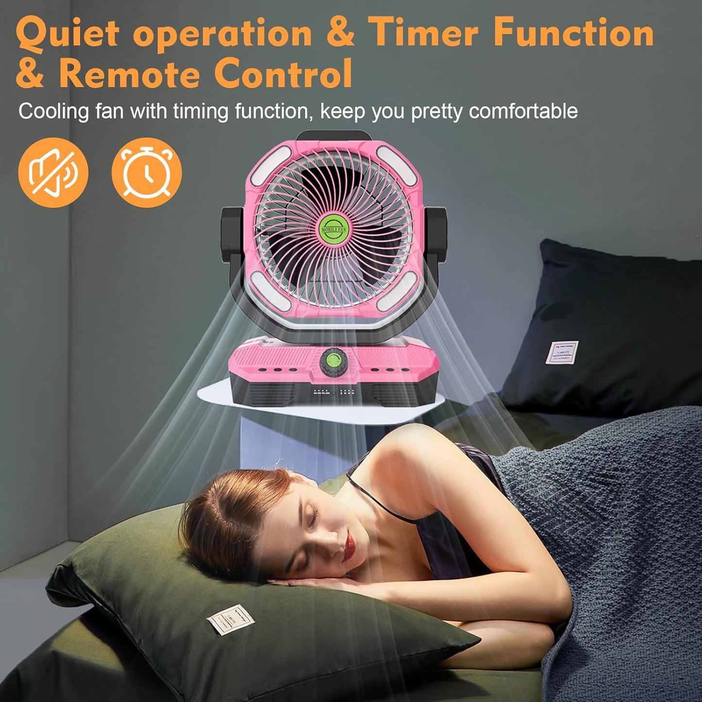 RUNTOP 45000mAh Large Battery Operated Fan, High Speed Oscillating Camping Fan with Remote,Quiet Adjustable Tilt Rechargeable Fans, Battery Powered fansfor Tent Home Office, Bedroom Travel (Pink)