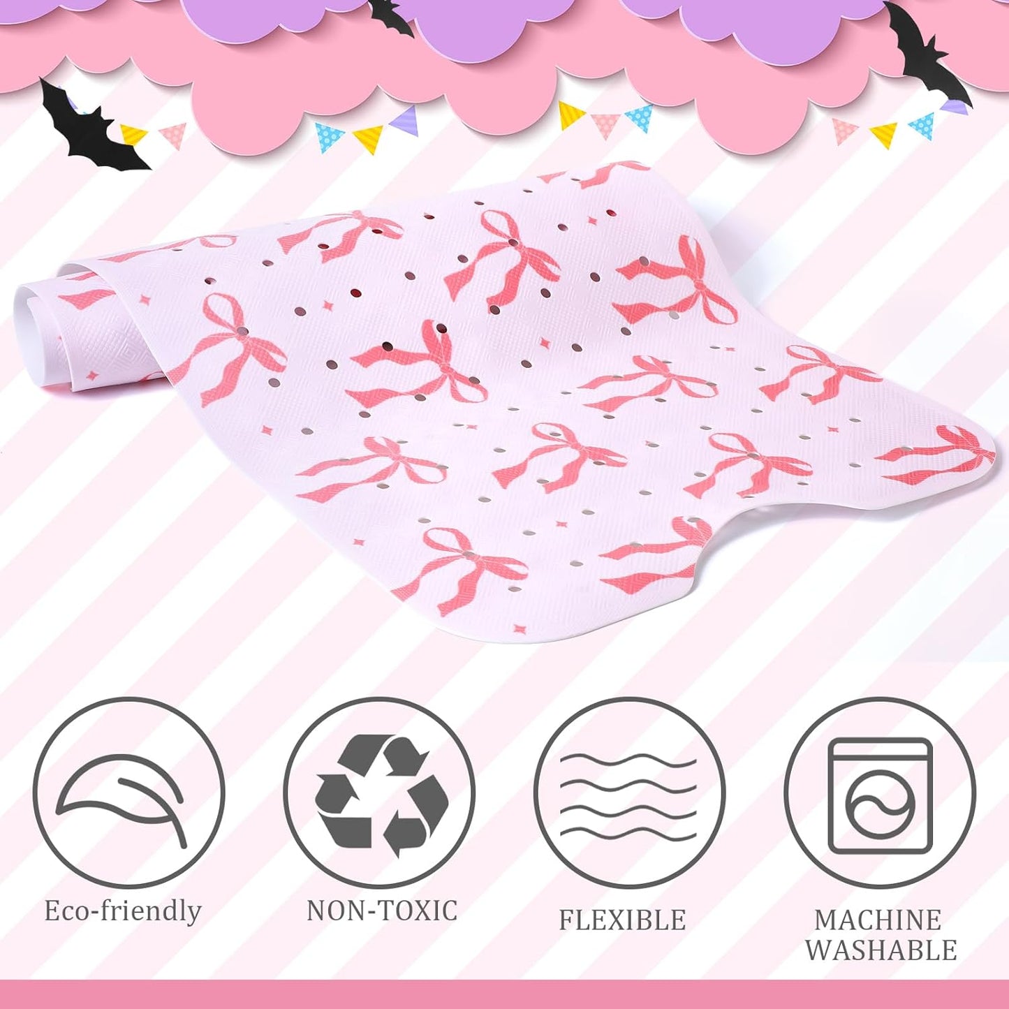 Mudder Pink Bow Bathtub Mat 40 x 16 Inch Cute Tub Mat Shower Non-Slip Extra Long Bathmat with Suction Cups & Drain Holes for Bathroom Tub Non Slip