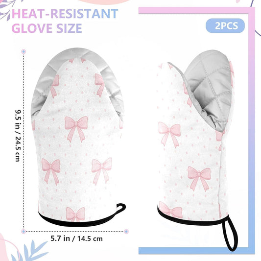 Pink Bows Polka Dots Non-Slip Oven Mitts Set Heat Resistant Kitchen Gloves with Quilted Liner Cotton Machine Washable with Hanging Loop for Baking Grilling BBQ