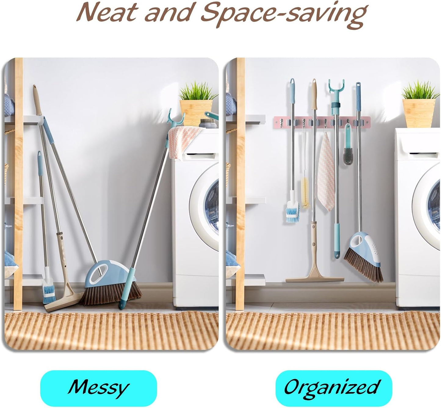 OUTNILI Pink Mop Broom Holder Wall Mount with 4 Slots & 4 Hooks - Wood Broom Mop Hanger for Pantry Closet Laundry Room Kitchen Organization - for Pink Kitchen Decor and Accessories