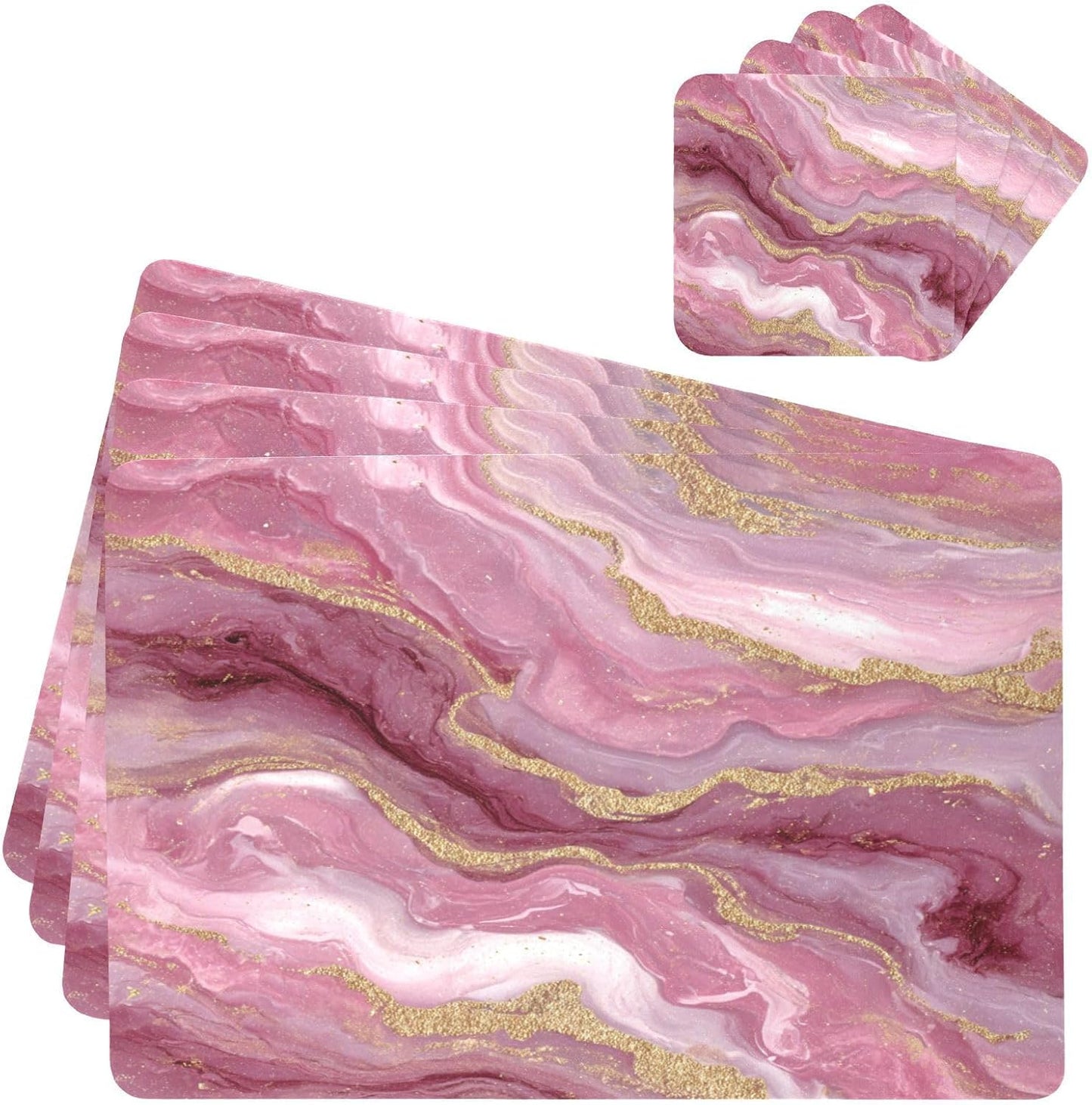 ALAZA Pink Gilded Marble Pattern Placemats for Dining Table, Heat Resistant Placemat Table Mats Place Mats 2 PC and 2 Coaster Washable Table Mats