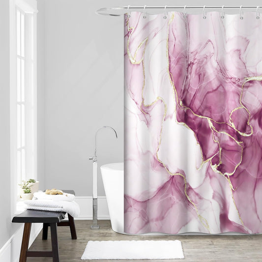 Pink Shower Curtain, Ombre Pink Marble Shower Curtain Set Modern Aesthetic Ink Texture Waterproof Bathroom Curtain with Hooks, 60x72 Inch