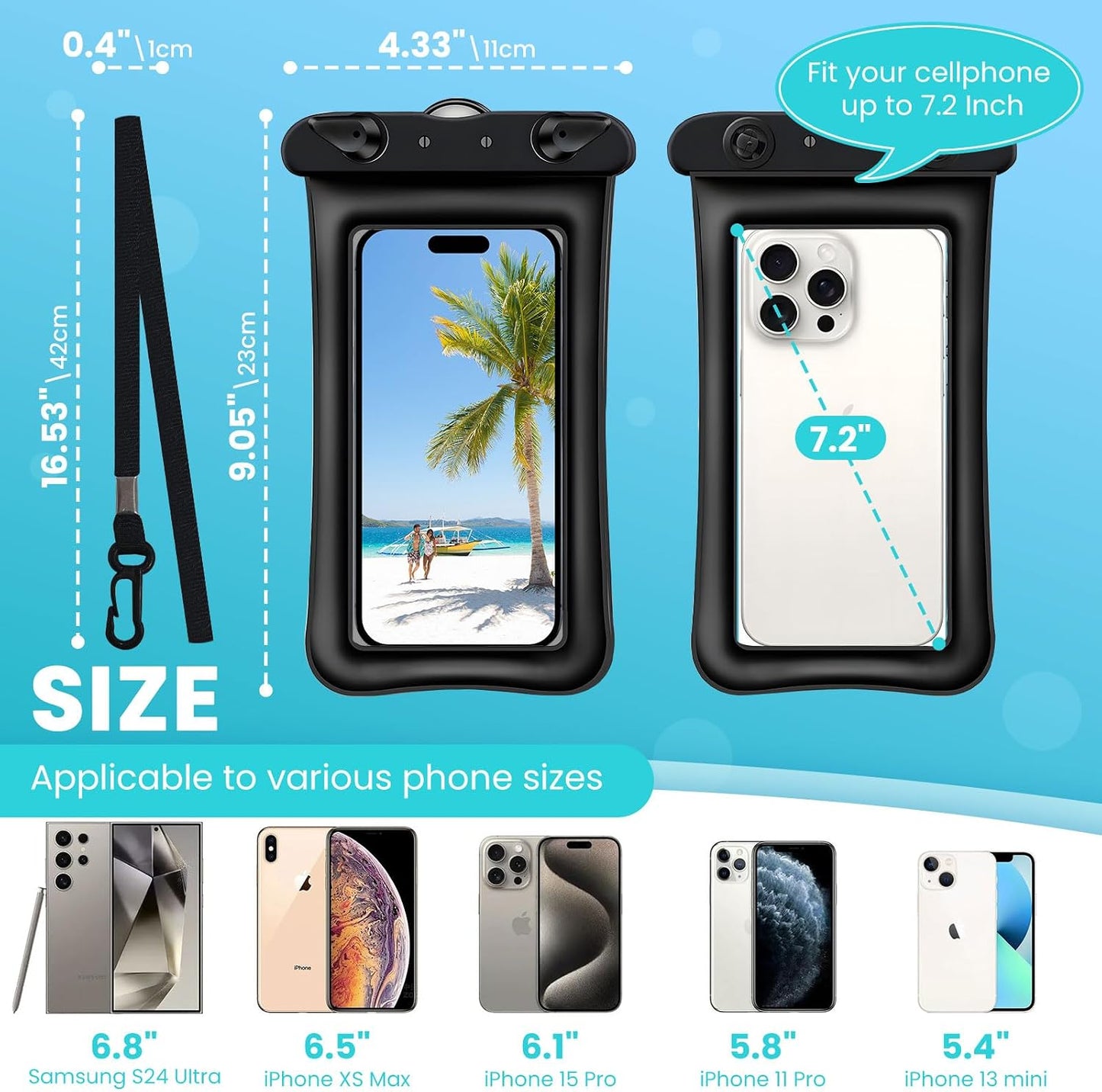 2 Pack Waterproof Floating Phone Pouch IPX8 Floatable Waterproof Phone Case with Lanyard Strap Universal Dry Bags Underwater Case Wallet for iPhone 17/Air16 15 14 13 12 Samsung,Up to 7.2" for Swimming