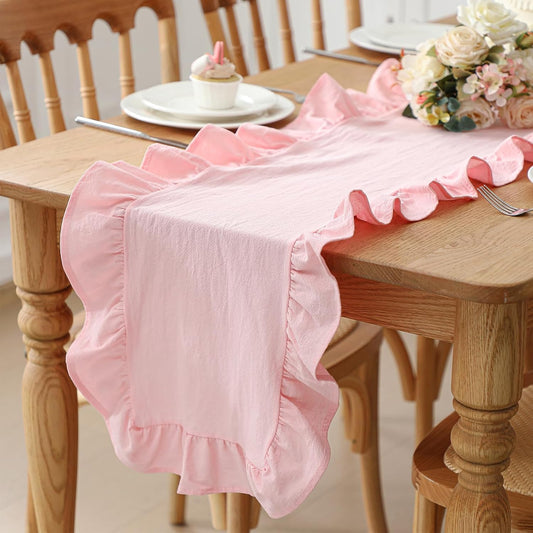 Pink Ruffled Table Runner 72 Inches Long Scalloped Table Runner Rustic Cotton Tabletop Farmhouse Decor for Baby Shower Bride Shower Birthday Party Holiday Wedding (Solid Color)