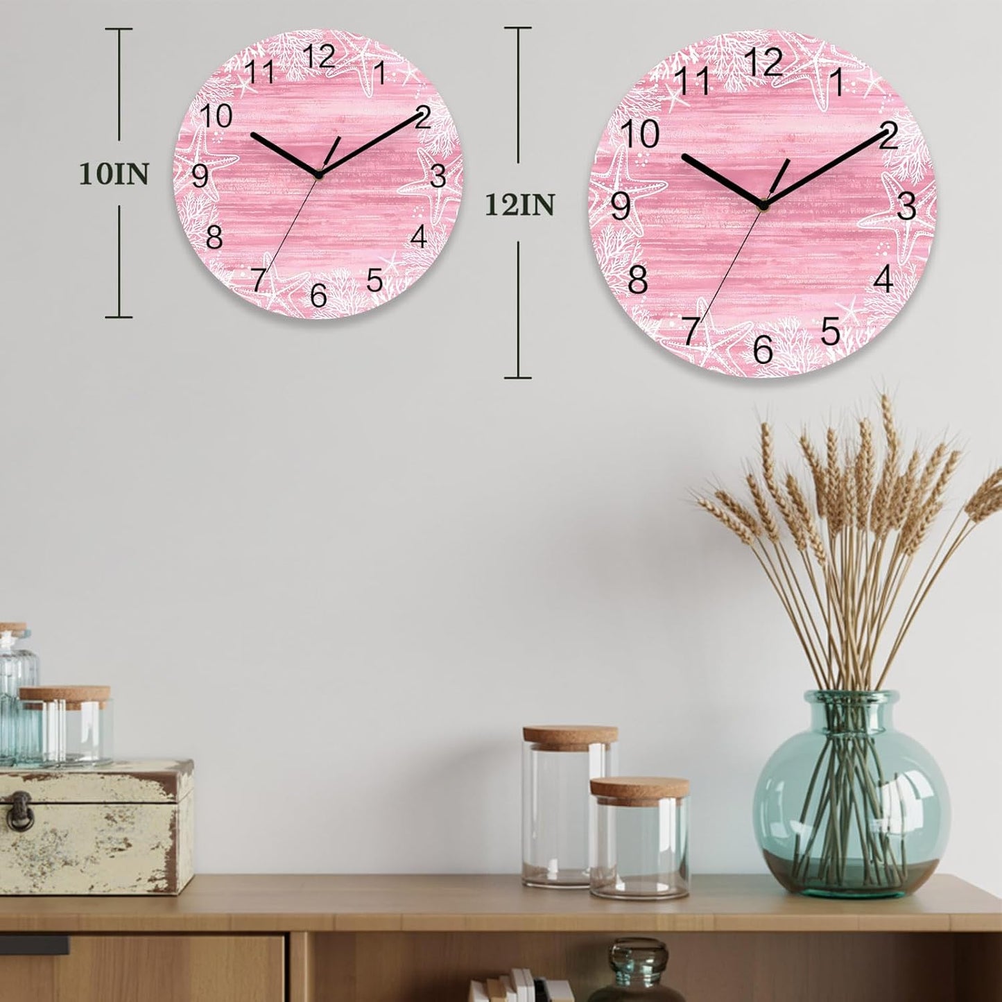Ocean Wall Clock Battery Operated Non-Ticking 10" Round Wood Clocks, Starfish Seashell Coral Marine Life Pink Kitchen Wall Clock for School Bathroom Living Room Home Office Wall Decor