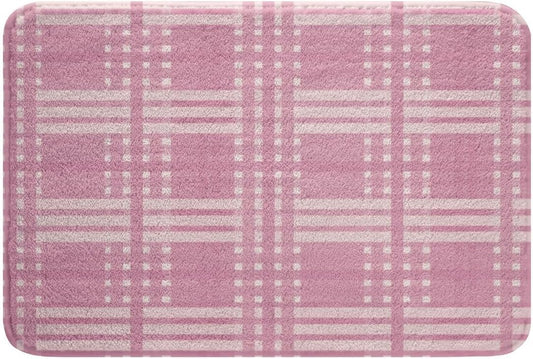 jejeloiu Plaid Bathroom Rugs Grid Checkered Bath Mats Microfiber Pink Bathroom Accessories Geometric Floor Doormats Non-Slip 16"x24" Soft