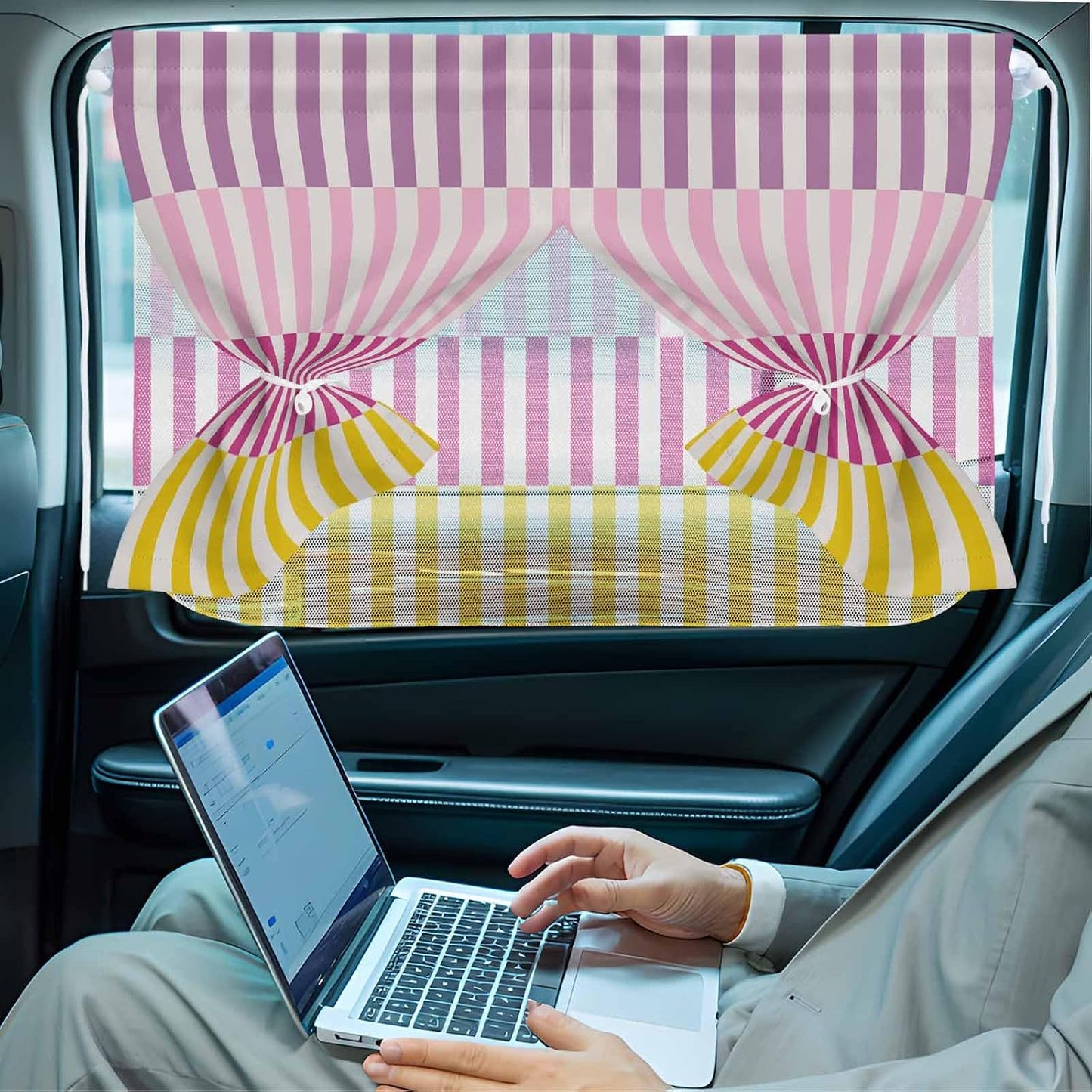 Car Window Shades for Side Windows Stripes Lines Car Sun Shade Curtain 2 PCS Double Layer Privacy Blackout Pink Purple Yellow Striped Magnetic Car Window Curtains with Suction Cup Sun Block Covers