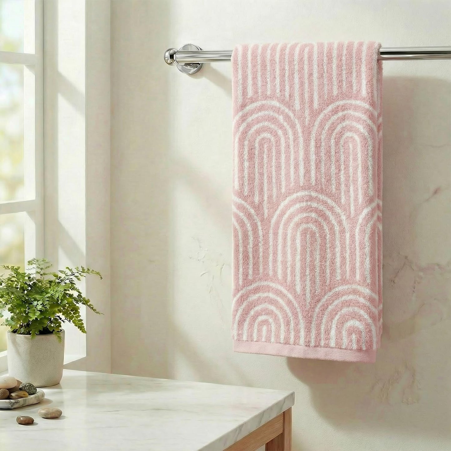 Artoid Mode 1 Pc Beige Pink Arched Stripes Jacquard Hand Towels for Bathroom, 100% Cotton Soft Absorbent Bathroom Decor Towels, 13.7 x 29.5 Inch