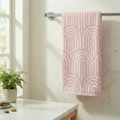 Artoid Mode 1 Pc Beige Pink Arched Stripes Jacquard Hand Towels for Bathroom, 100% Cotton Soft Absorbent Bathroom Decor Towels, 13.7 x 29.5 Inch