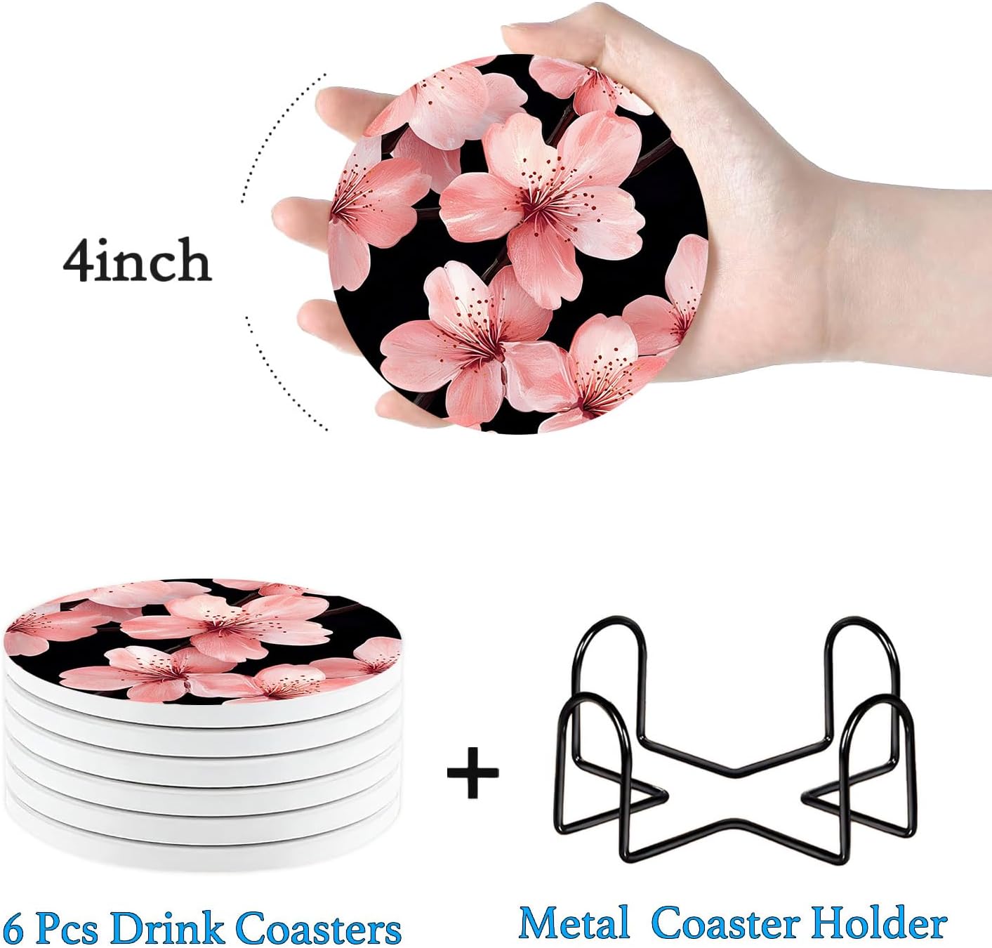 Nikyi 6 Pcs Pink Flower Ceramic Absorbent Coasters, Cherry Bloom Floral Round Drink Coaster with Metal Holder & Cork Base, for Coffee Table Desk Home Decor or Women Mom Wife Gift