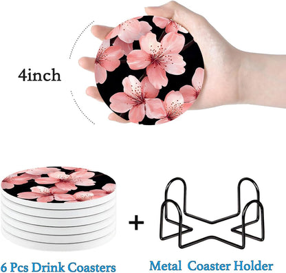 Nikyi 6 Pcs Pink Flower Ceramic Absorbent Coasters, Cherry Bloom Floral Round Drink Coaster with Metal Holder & Cork Base, for Coffee Table Desk Home Decor or Women Mom Wife Gift