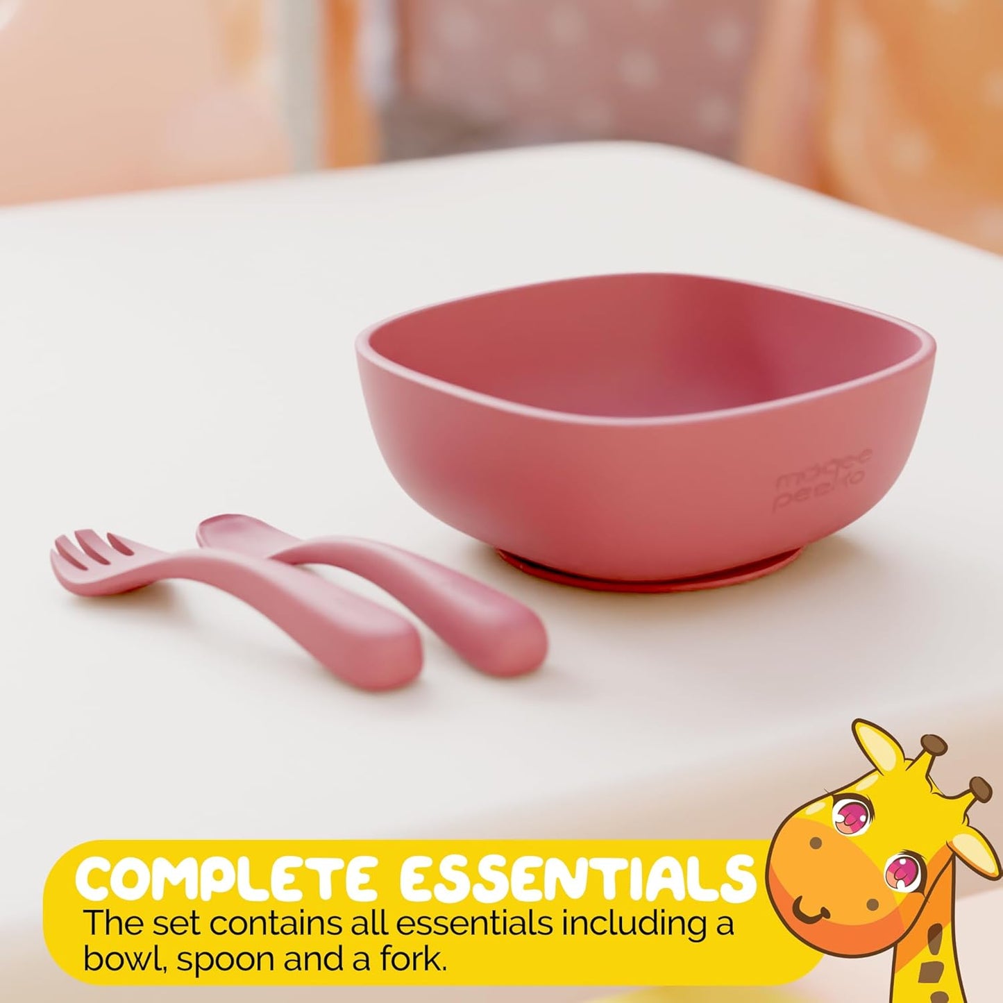 Silicone Baby Feeding Set for Infants with Baby Spoons Baby Forks and Suction Bowls for Baby in Pink Color - (3 Piece Set) Baby Eating Eating Essentials in Safe Silicone