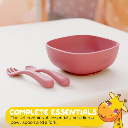 Silicone Baby Feeding Set for Infants with Baby Spoons Baby Forks and Suction Bowls for Baby in Pink Color - (3 Piece Set) Baby Eating Eating Essentials in Safe Silicone