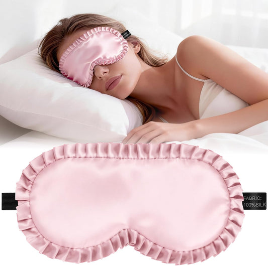 Silk Sleep Mask for Women, 100% Mulberry Silk Eye Mask, All-Silk Filled, Adjustable Elastic Strap with Elegant Wave Trim, Blackout Soft Eye Cover, Travel & Gift (Pink)