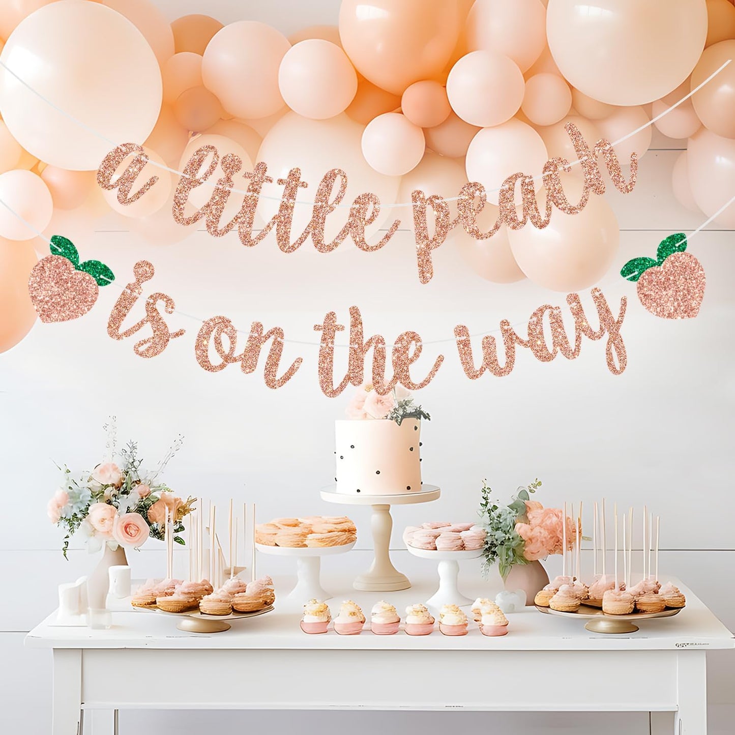 A Little Peach is on the Way Banner Baby Shower/Gender Revel Party Decorations Newborn Baby First Birthday Party Banner Fruit Theme Birthday Banner Rose Gold Glitter