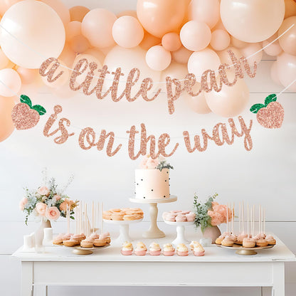 A Little Peach is on the Way Banner Baby Shower/Gender Revel Party Decorations Newborn Baby First Birthday Party Banner Fruit Theme Birthday Banner Rose Gold Glitter