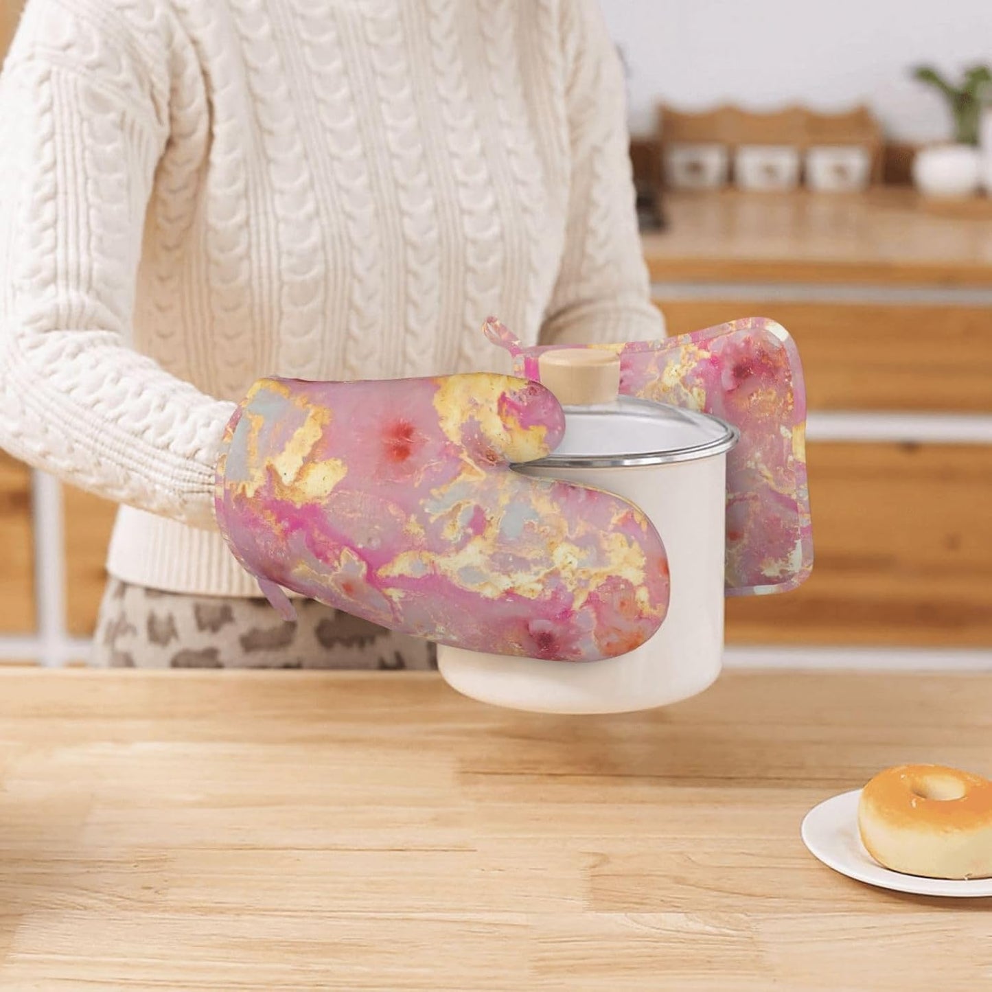 Pink Marble Pattern Oven Mitts and Pot Holders Sets, Home Silicone Heat Resistant BBQ Gloves for Kitchen Baking Cooking Grilling Microwave