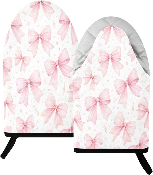 Watercolor Bows Pink Non-Slip Oven Mitts Set Heat Resistant Kitchen Gloves with Quilted Liner Cotton Machine Washable with Hanging Loop for Baking Grilling BBQ