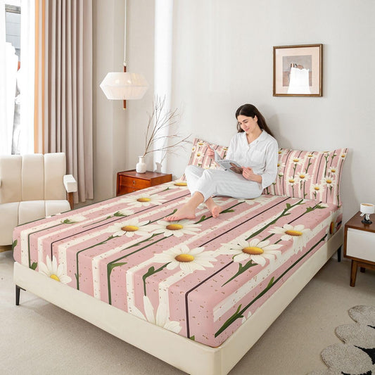 Manfei Stripe Daisy Fitted Sheet Set Floral Cottagecore Bedding Set for Kids Bedroom Sweet Girly Leaves Stems Bed Sheet Set 3pcs Deep Pocket Mattress Cover,No Top Flat Full Peach Pink