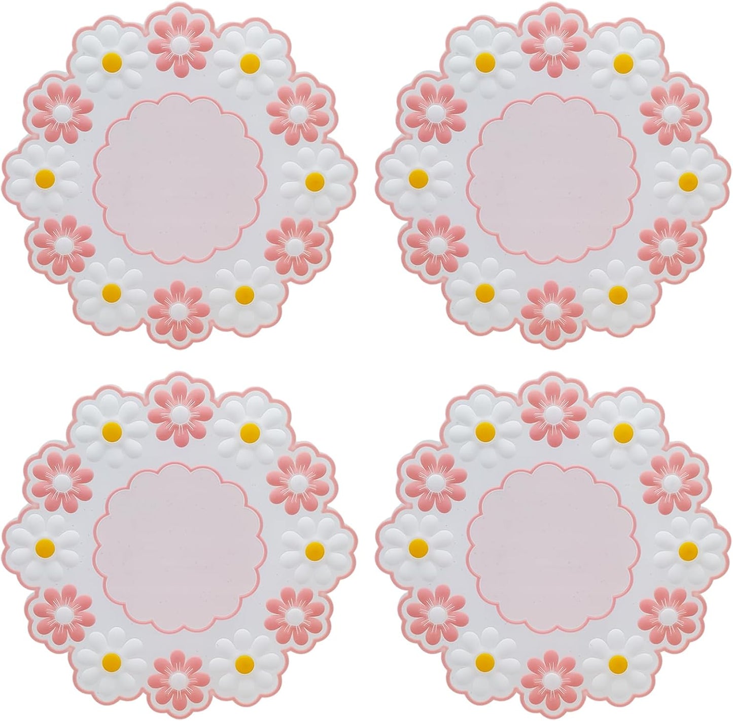Coasters for Drinks, Cute Coaster for Coffee Table Set of 4 Non-Slip PVC Silicone Coasters for Tabletop Protection, Daisy Flower Pattern Heat Insulation Placemat (4 Pink)