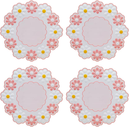 Coasters for Drinks, Cute Coaster for Coffee Table Set of 4 Non-Slip PVC Silicone Coasters for Tabletop Protection, Daisy Flower Pattern Heat Insulation Placemat (4 Pink)
