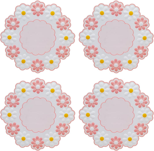 Coasters for Drinks, Cute Coaster for Coffee Table Set of 4 Non-Slip PVC Silicone Coasters for Tabletop Protection, Daisy Flower Pattern Heat Insulation Placemat (4 Pink)