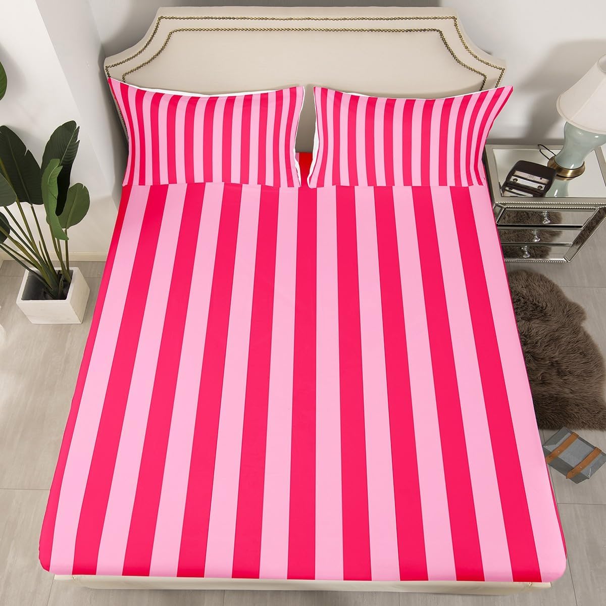Rose Pink Red Bedding for Kids Boys Girls Abstract Stripes Bed Sheets Set King Size Geometric 4 Pieces Sheet with 16 Inch Deep Pockets Bedroom Decor Breathable Soft Lightweight Microfiber Modern 4Pcs