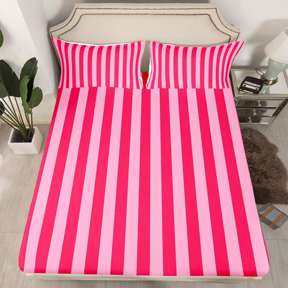 Rose Pink Red Bedding for Kids Boys Girls Abstract Stripes Bed Sheets Set King Size Geometric 4 Pieces Sheet with 16 Inch Deep Pockets Bedroom Decor Breathable Soft Lightweight Microfiber Modern 4Pcs