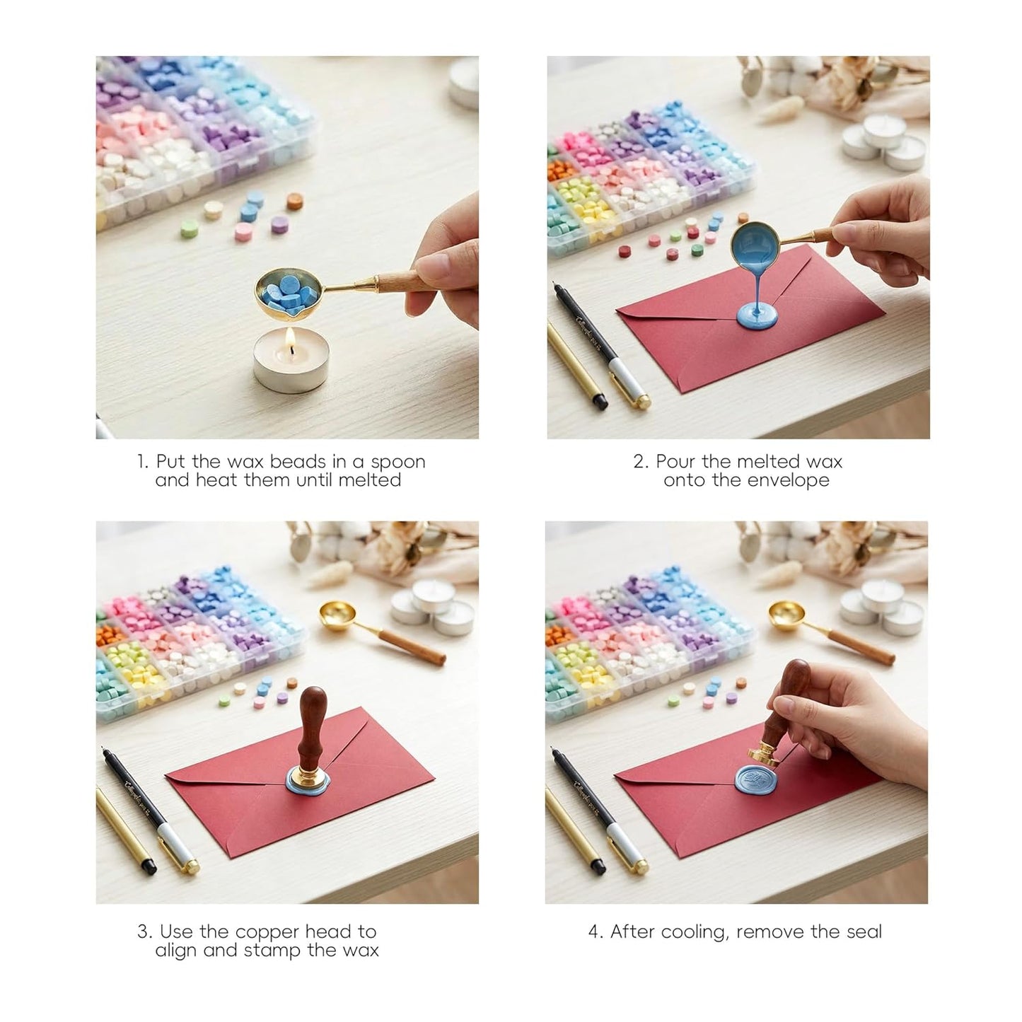 Wax Seal Stamp Kit, 600Pcs 24-Color Sealing Wax Beads Set with Brass Stamp and Spoon, Sealing Wax Kit for Wedding Invitations, Birthday Cards, DIY Crafts (Pink, Yellow, Blue and Green Series)