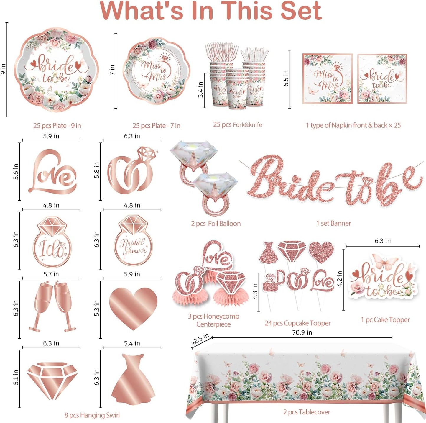 191 Pcs Bridal Shower Decorations Bachelorette Party Set Serves 25 - Rose Gold Bride to Be Banner, Tableware, Tablecloth, Cake Toppers - Wedding Shower Supplies