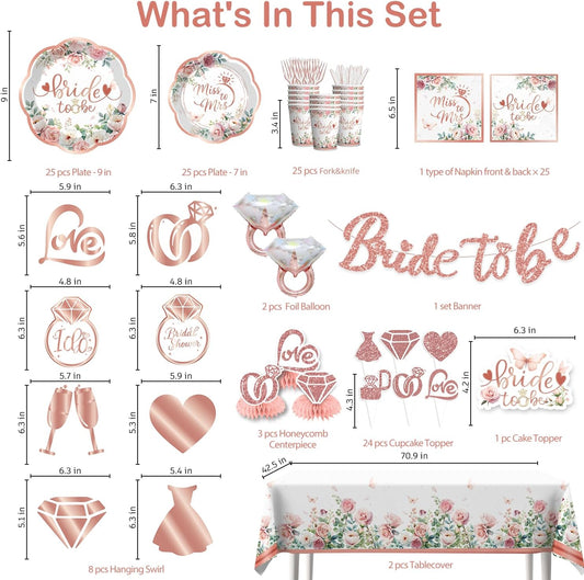 191 Pcs Bridal Shower Decorations Bachelorette Party Set Serves 25 - Rose Gold Bride to Be Banner, Tableware, Tablecloth, Cake Toppers - Wedding Shower Supplies