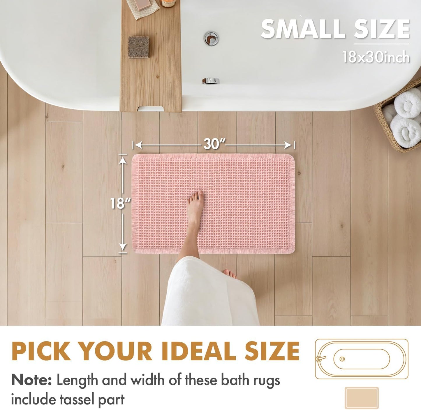 MIULEE Set of 2 Waffle Bathroom Rugs, Boho Bath Rugs Non Slip Washable, Super Absorbent Bath Mats, Ultra Soft Rubber Backed Shower Mats for Bathroom Floor, Tub and Shower, Pink, 18x30 Inch