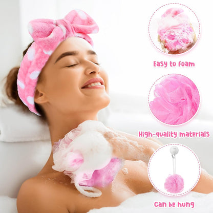 Moucuny 42 Pcs Summer Spa Sleepover Party Supplies Bulk for Women Include 6 Pink Hairbands 6 Eye Masks 12 Wristbands 6 Bath Loofahs 6 Pairs Disposable Slippers 6 Organizer Bags(Bright)