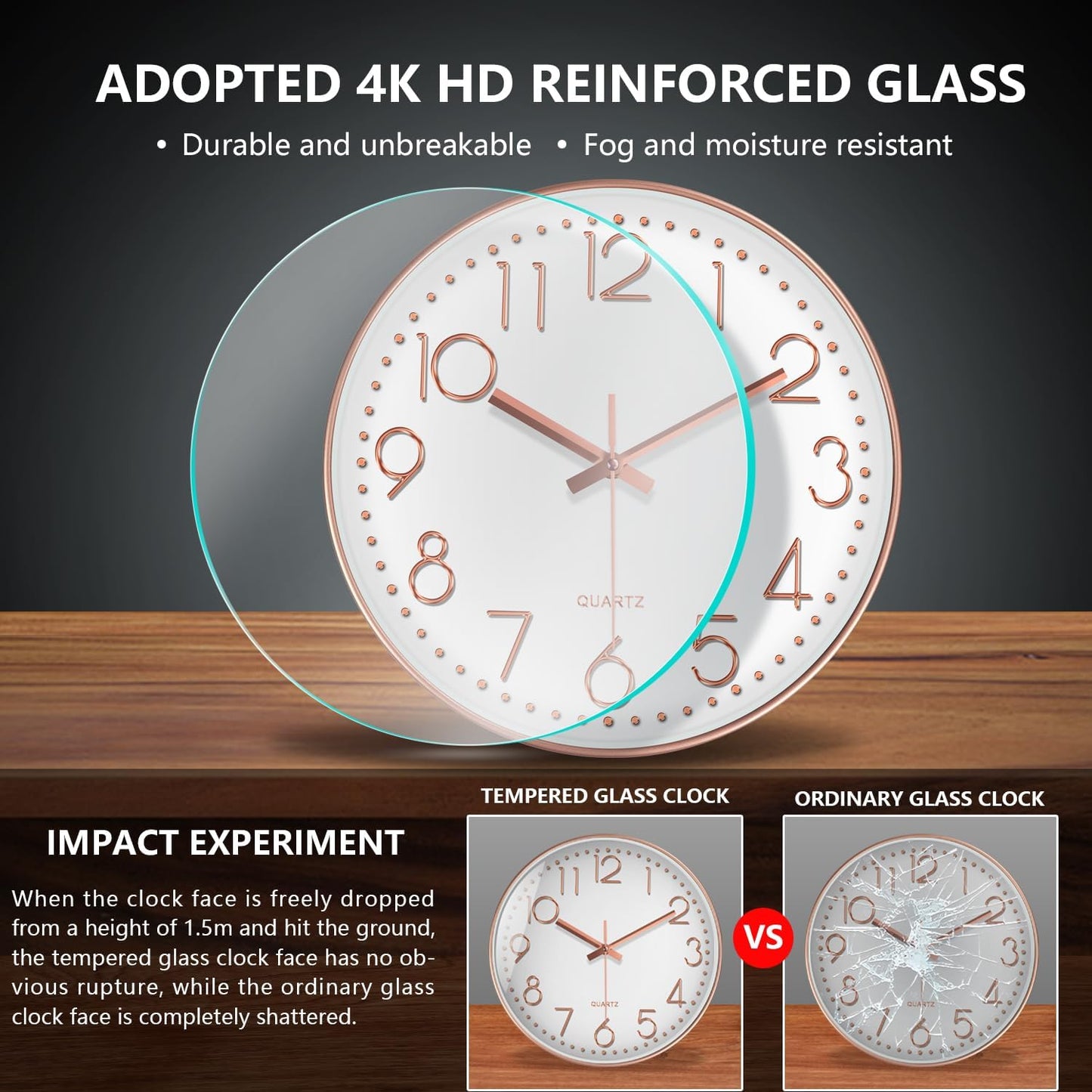 Silent Wall Clocks Battery Operated 8 Inch, Analog Wall Clock with Oversized Number Tempered Glass Clock Face, Rose Gold Quartz Non Ticking Wall Clocks for Living Room Bedroom Kitchen Office