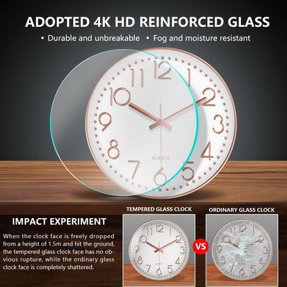Silent Wall Clocks Battery Operated 8 Inch, Analog Wall Clock with Oversized Number Tempered Glass Clock Face, Rose Gold Quartz Non Ticking Wall Clocks for Living Room Bedroom Kitchen Office