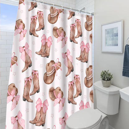 Cowgirl Bowknot Shower Curtain Set 72x72inch Pink Boots and Hat Design Ideal Holiday Bath Decor for Girls Bath Decorations with 12 Plastic Shower Hooks