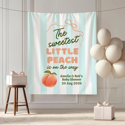 The Sweetest Little Peach Baby Shower Tapestry, Peach Theme Baby Sprinkle Photo Backdrop, Summer Fruit Inspired Baby Shower Banner, Cozy Seasonal Celebration Entrance Decor (Multi 10)