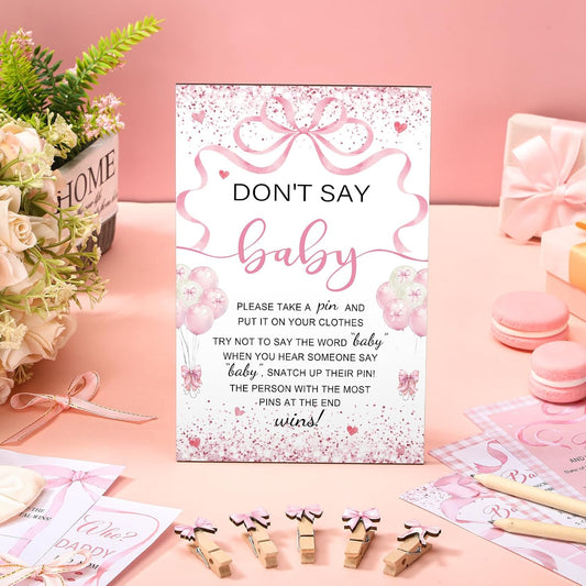 Patelai 321 Pcs Pink Bow Baby Shower Decorations Set 5 Games Include Pink Ribbon Baby Shower Bingo Word Scramble Description The Price Guess Don't Say The Word Sign for Coquette Bow Game Party Decor