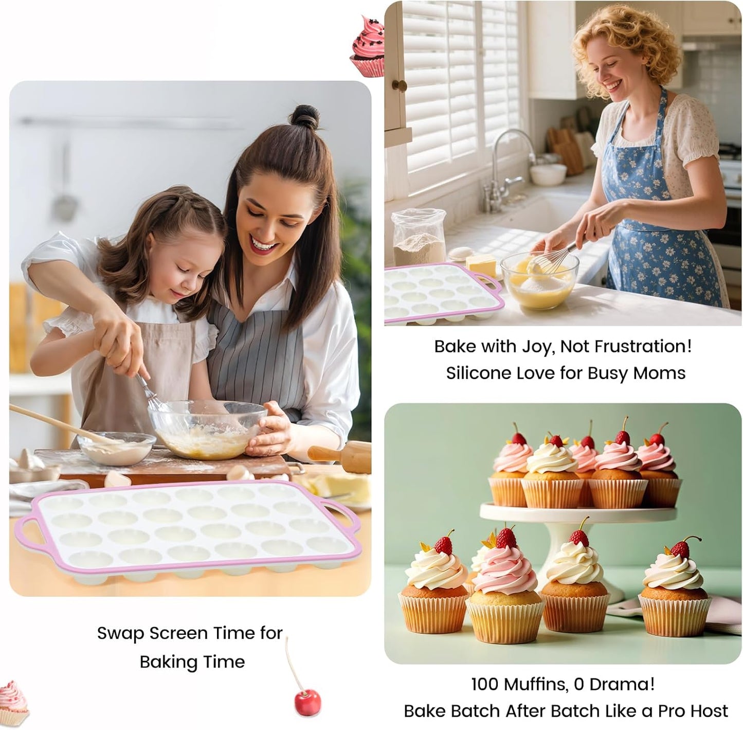 Silicone Mini Muffin Pan With Metal Reinforced Frame - 24 Cups Durable Silicone Cupcake Pan for Muffin, Cupcakes, BPA Free and Dishwasher Safe - 2 Piece Pink