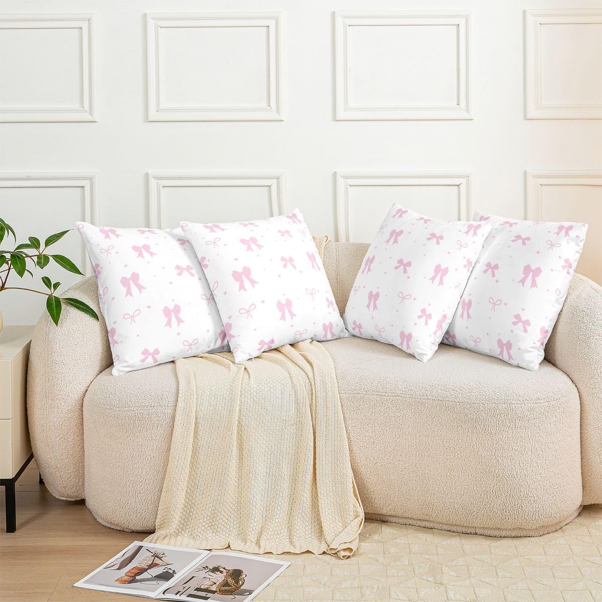 Feelyou Light Pink Bow Throw Pillow Covers Set of 2 Cute Princess Bowknot Cushion Case Kawaii Love Heart Pattern Decor Pillowcase Indoor Outdoor Super Soft 22 x 22-Inch