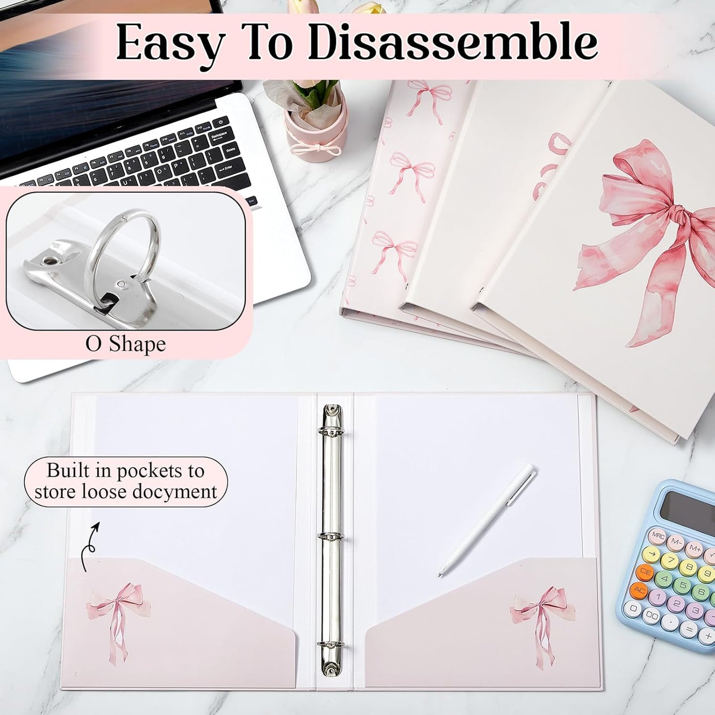 ReliThick 4 Pcs Letter Size Cute Bow 3 Ring Binder, 1 Inch Round Ring with Interior Pockets, Decorative Cute Binders, Clipboard Binder, Coquette School Supplies for School Office(Pink)
