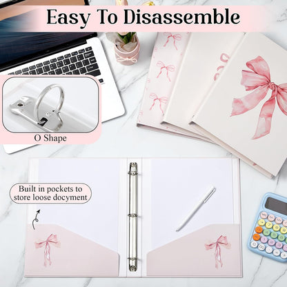 ReliThick 4 Pcs Letter Size Cute Bow 3 Ring Binder, 1 Inch Round Ring with Interior Pockets, Decorative Cute Binders, Clipboard Binder, Coquette School Supplies for School Office(Pink)