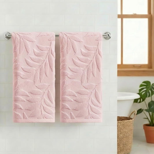 Artoid Mode 2 Pcs Pink 3D Leaves Jacquard Hand Towels for Bathroom, 100% Cotton Soft Absorbent Bathroom Decor Towels, 13.7 x 29.5 Inch