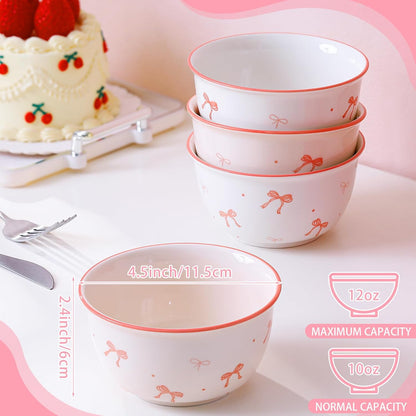 Maxdot 4 Pcs Pink Bow Ceramic Bowls Set 4.5 Inch 10oz Cute Bowls Aesthetic Under Glaze Dinnerware for Kitchen Kitchen Dining Serving Decorative Porcelain Dishes for Couples Families Daily Use Gifting