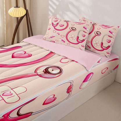 Erosebridal Peach Nurse Zipper Bedding Twin Pink Stethoscope Zip Up Bedding Set for Boys and Kids, Cute Heart Nursing Bed in a Bag Medical Healthcare Comforter with Fitted Sheet and 2 Pillowcases